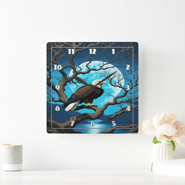 Eagle Perched on Branch Under Moonlit Sky Square Wall Clock (Home)