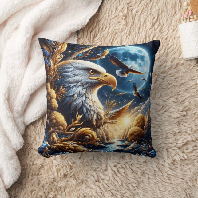 Eagle Perched on Branch Under Moonlit Sky Throw Pillow (Blanket)