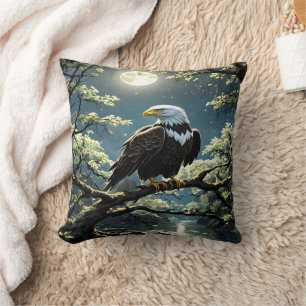 Eagle Perched on Branch Under Moonlit Sky Throw Pillow