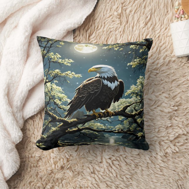 Eagle Perched on Branch Under Moonlit Sky Throw Pillow (Blanket)
