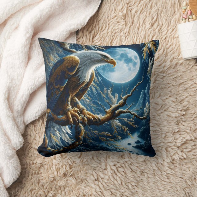 Eagle Perched on Branch Under Moonlit Sky Throw Pillow (Blanket)