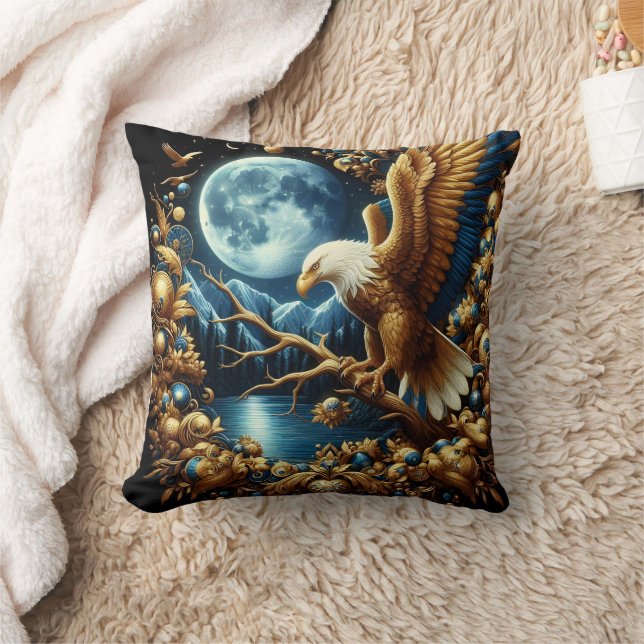 Eagle Perched on Branch Under Moonlit Sky Throw Pillow (Blanket)