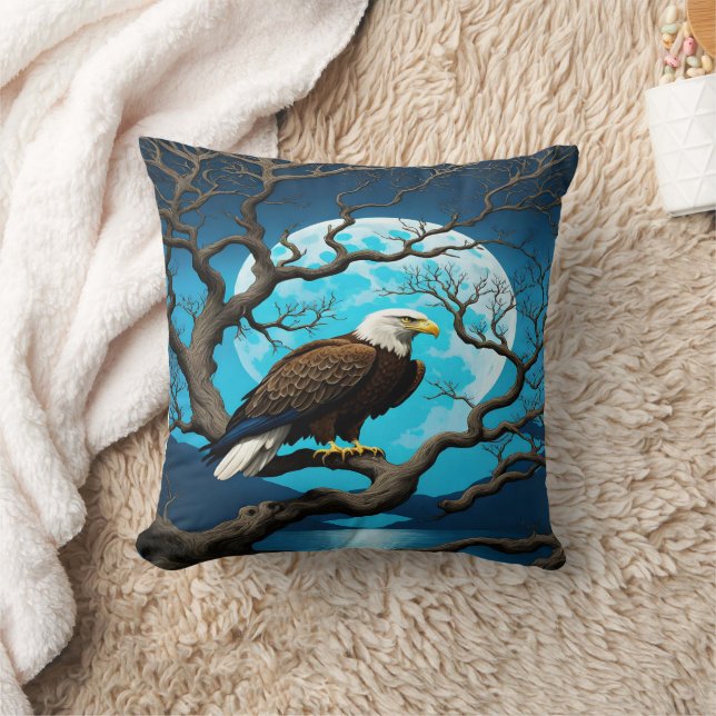 Eagle Perched on Branch Under Moonlit Sky Throw Pillow (Blanket)