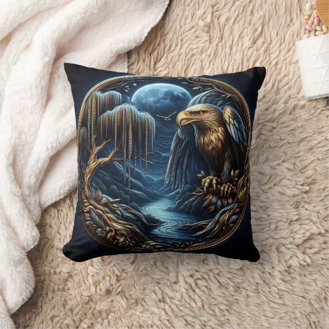 Eagle Perched on Branch Under Moonlit Sky Throw Pillow (Blanket)