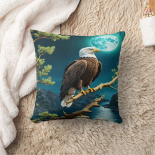 Eagle Perched on Branch Under Night Sky Throw Pillow
