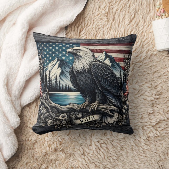 Eagle Perched on Branch With Mountain Backdrop Throw Pillow (Blanket)