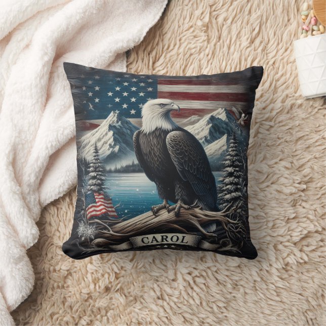 Eagle Perched on Branch With Mountains and Flag Throw Pillow (Blanket)