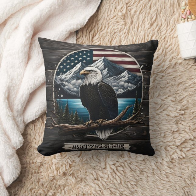 Eagle Perched on Branch With Mountains and Flag Throw Pillow (Blanket)