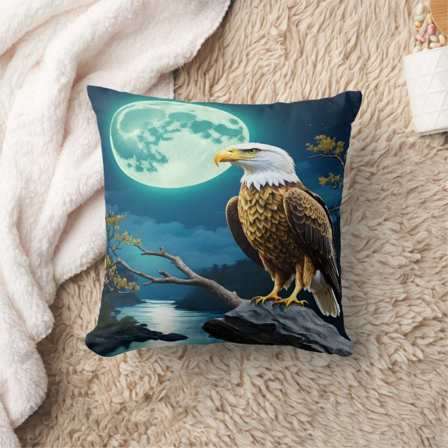 Eagle Perched On Rock Beneath Full Moon Throw Pillow (Blanket)