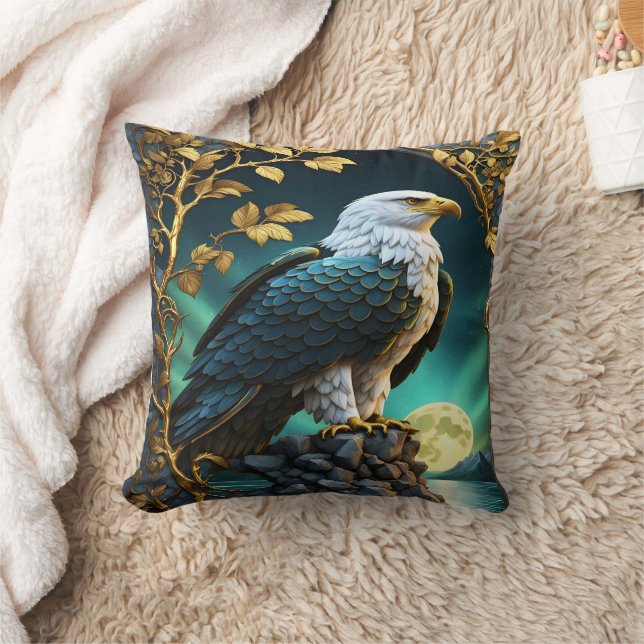 Eagle Perched on Rock by Moonlit Lake Throw Pillow (Blanket)