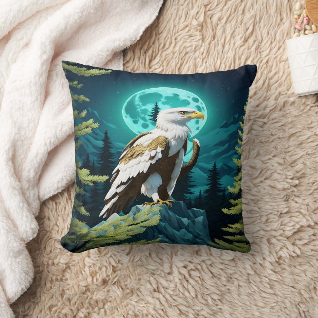 Eagle Perched on Rock Under Moonlit Sky Throw Pillow (Blanket)