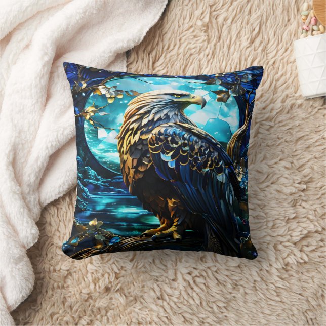 Eagle Perched on Tree Branch at Night Throw Pillow (Blanket)