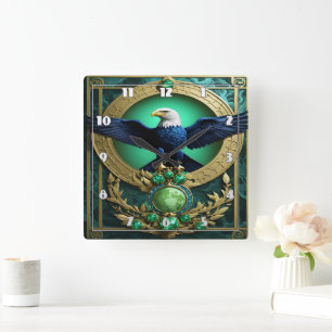 Eagle Perched on Tree Branch During Golden Hour Square Wall Clock