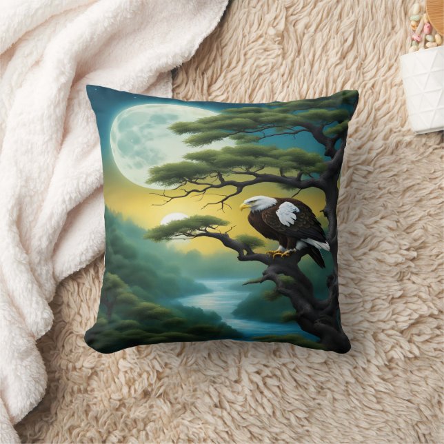 Eagle Perched on Tree Branch Under Full Moon Throw Pillow (Blanket)