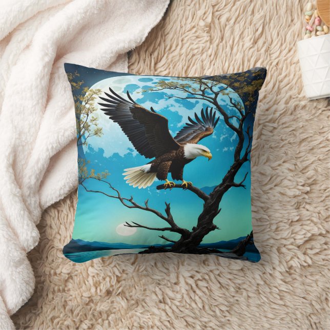 Eagle Perched on Tree Branch Under Full Moon Throw Pillow (Blanket)