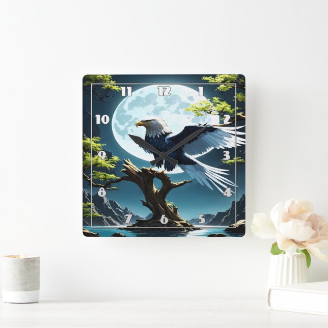 Eagle Perched on Tree Branch Under Moonlight Square Wall Clock (Home)