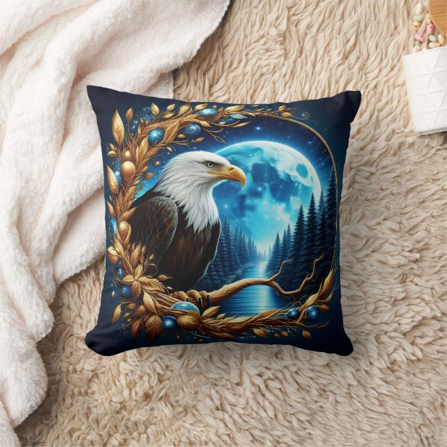 Eagle Perched on Tree Branch Under Moonlight Throw Pillow (Blanket)