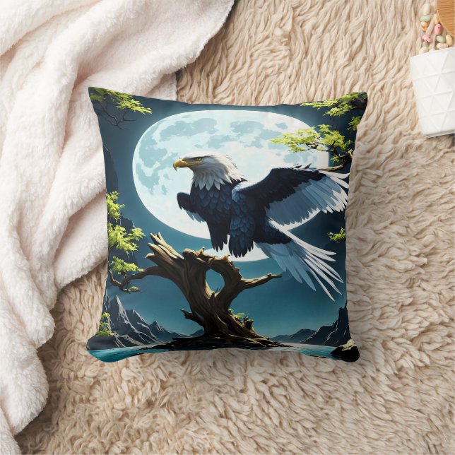 Eagle Perched on Tree Branch Under Moonlight Throw Pillow (Blanket)