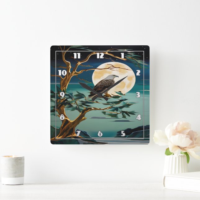 Eagle Perched on Tree Under Full Moon Night Square Wall Clock (Home)