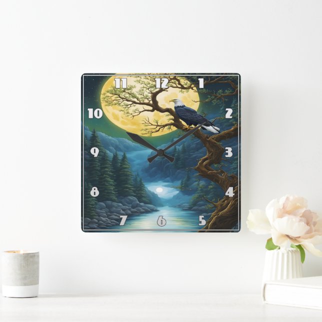 Eagle Perched Under Full Moon Over River Square Wall Clock (Home)