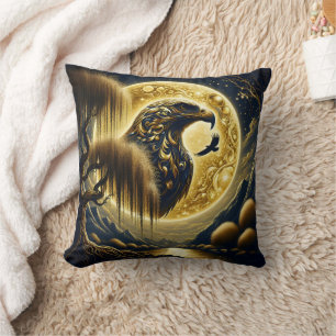 Eagle Perched Under Golden Moonlight Throw Pillow