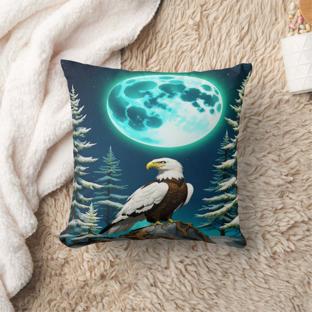 Eagle Perched Under Moonlit Winter Sky Throw Pillow (Blanket)