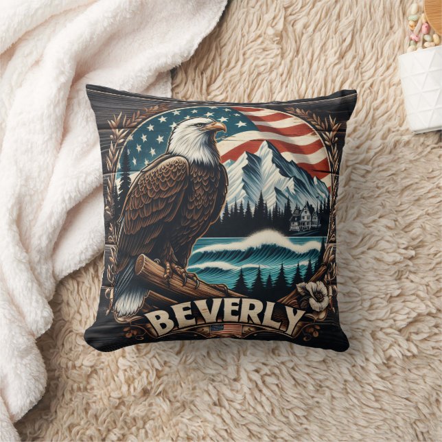 Eagle Perched With Mountains and Flag Background Throw Pillow (Blanket)