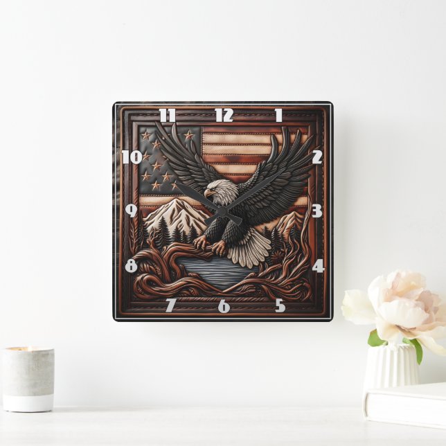 Eagle Relief Carving With American Flag Background Square Wall Clock (Home)