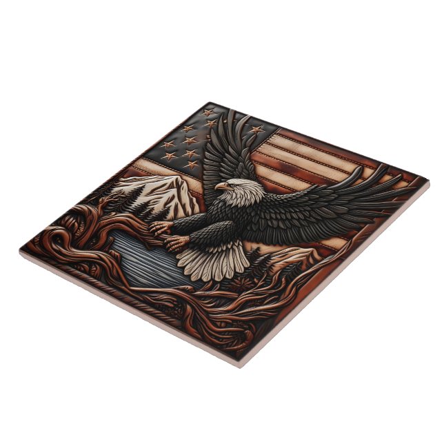 Eagle Relief Carving With American Flag Background Tile (Side)