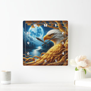 Eagle Resting on a Branch Under Moonlight Square Wall Clock