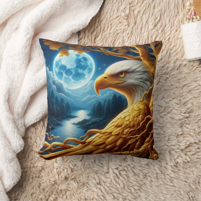 Eagle Resting on a Branch Under Moonlight Throw Pillow (Blanket)