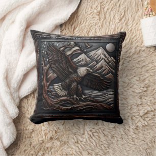 Eagle Sculpture With Mountain and Flag Design Throw Pillow