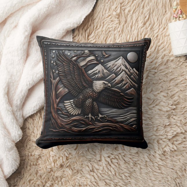 Eagle Sculpture With Mountain and Flag Design Throw Pillow (Blanket)