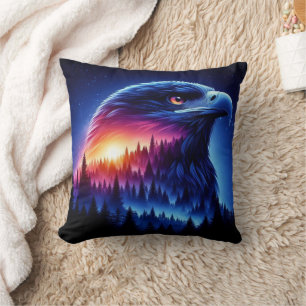 Eagle Silhouette with Forest Sunset Throw Pillow