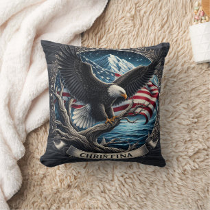 Eagle Soaring Above Mountains With American Flag Throw Pillow