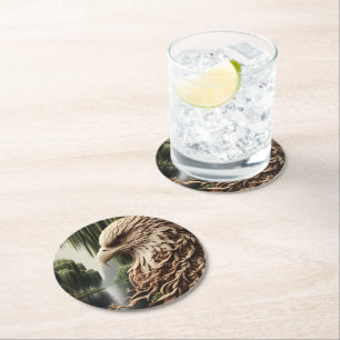 Eagle Soaring Amongst Tall Trees Round Paper Coaster