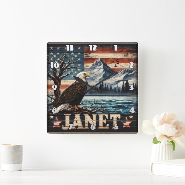 Eagle Soars Over Mountains and Flags Square Wall Clock (Home)
