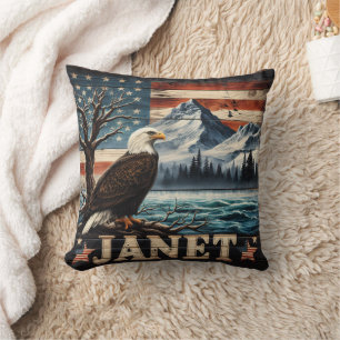 Eagle Soars Over Mountains and Flags Throw Pillow