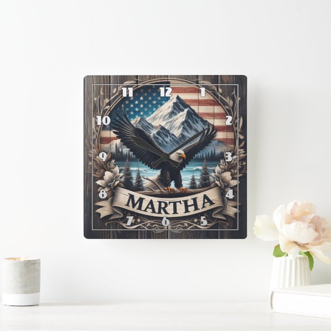 Eagle Spreading Wings by Mountains Square Wall Clock (Home)