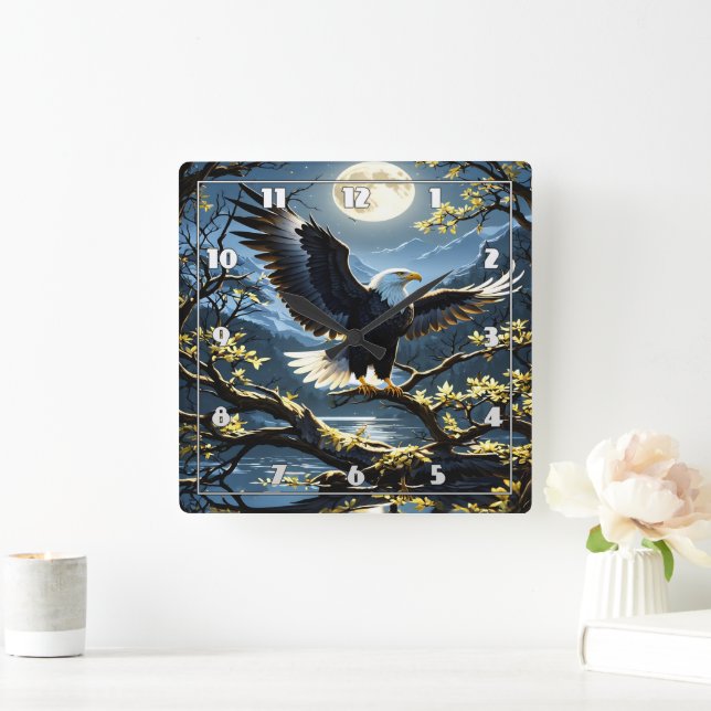 Eagle Spreads Wings on Branch Under Night Sky Square Wall Clock (Home)