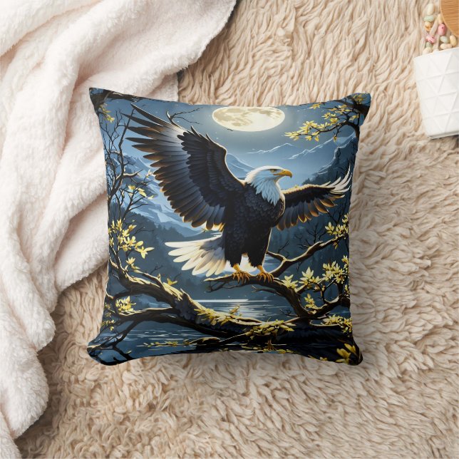 Eagle Spreads Wings on Branch Under Night Sky Throw Pillow (Blanket)