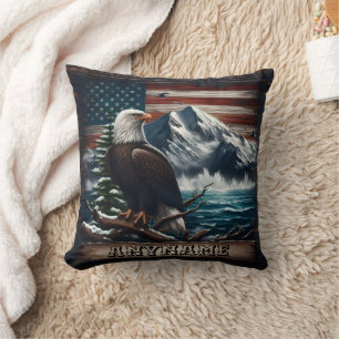 Eagle Standing Proudly Against Mountain and Flag Throw Pillow