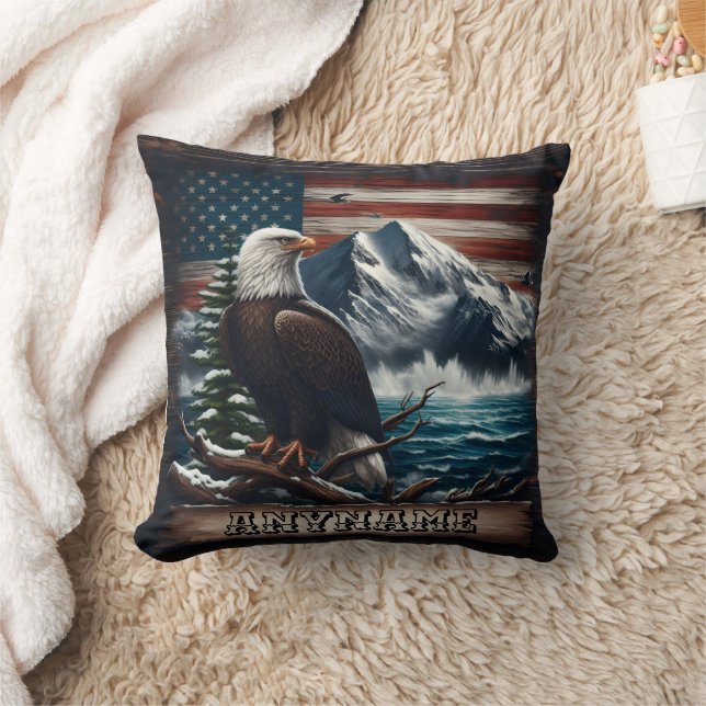 Eagle Standing Proudly Against Mountain and Flag Throw Pillow (Blanket)