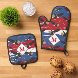 Eagle USA Patriotic American Flag Monogram Oven Mitt & Pot Holder Set