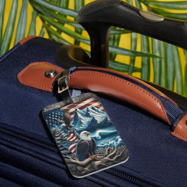 Eagle Watching Over Winter Wonderland Luggage Tag (Front Insitu 1)
