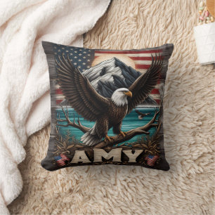 Eagle Wings Spread by American Flag Throw Pillow