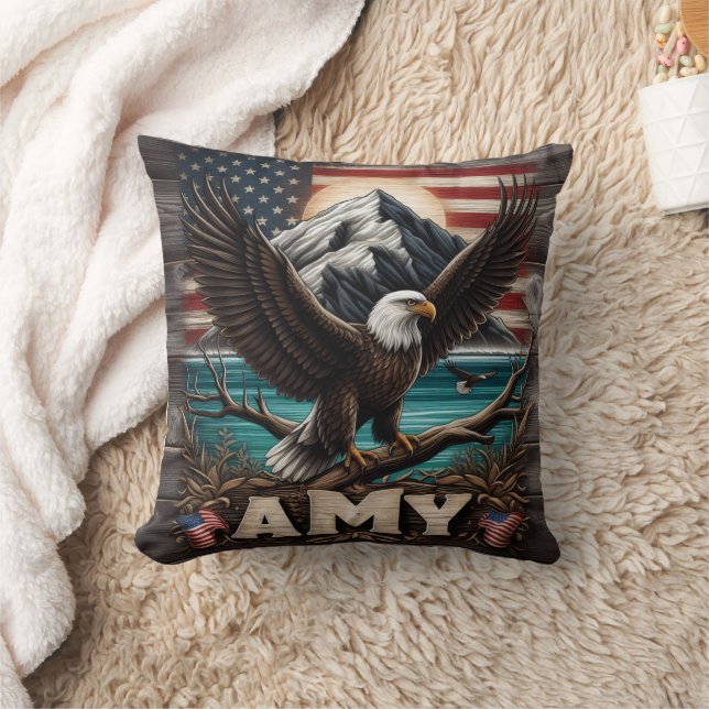 Eagle Wings Spread by American Flag Throw Pillow (Blanket)