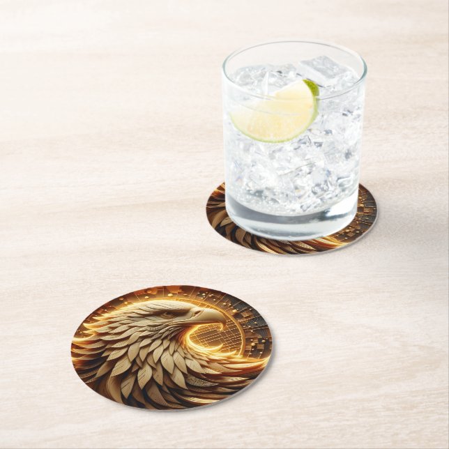 Eagle with a intricate golden eagle round paper coaster (Insitu)