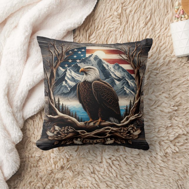 Eagle With Mountains and Flag Throw Pillow (Blanket)