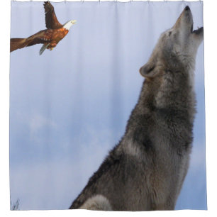 Eagle wolf plain blue shower curtain